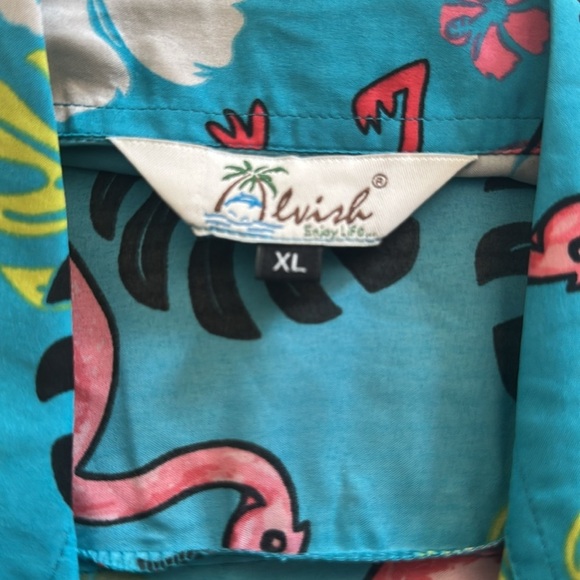 Alvish Hawaiian Flamingo Short Sleeve Shirt Button Down Turquoise Men’s Size XL - Picture 7 of 11